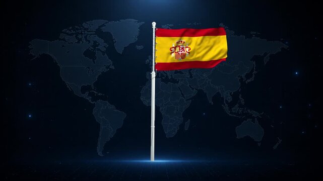 Spanish flag waving on a pole against a digital world map. National symbol in global context.
