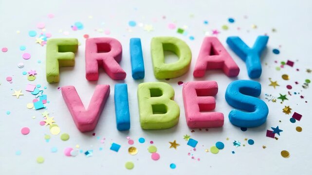Colorful clay letters spelling friday vibes with confetti scattered on white surface for celebration content