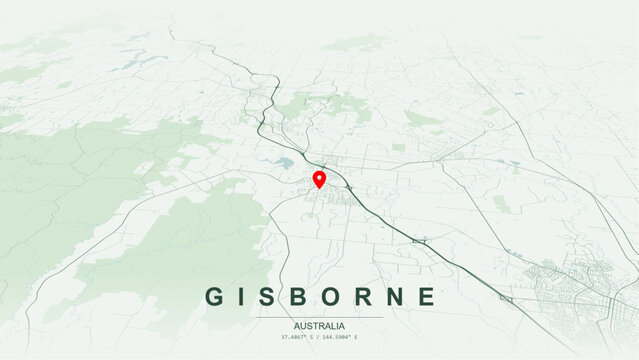 Modern minimalist vector map of Gisborne, Victoria. High-quality scalable illustration of Gisborne geographic boundaries along Jacksons Creek contours for posters design. 