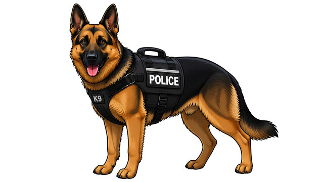 German Shepherd police K9 dog in duty vest ready for action. Loyal service canine with tactical gear for law enforcement and security operations.