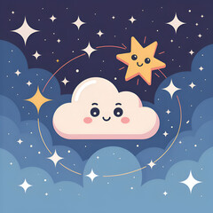 Naklejka premium Cute smiling cloud and star orbiting in a dreamy night sky with soft blue clouds and twinkling celestial bodies