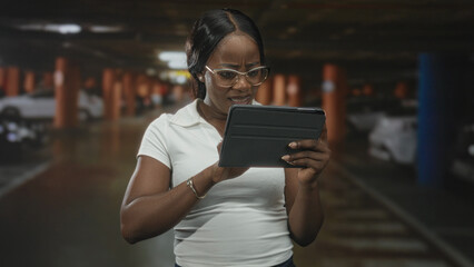 Fototapeta premium Woman holds tablet with both hands, tapping screen with right hand in a dim parking building, wearing glasses and white polo; concern focus.