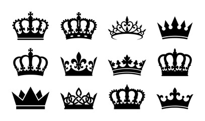 Royal Crown Icons Set, Regal Headwear Vector Collection, Elegant Sovereign Symbols, Black and White Royalty Graphics © Abul