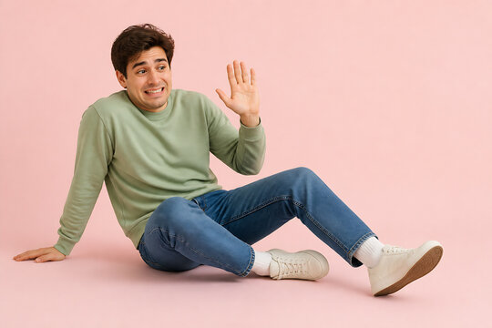 A young man in a green sweater and jeans is sitting on the floor, gesturing with his hand against a plain pink background.