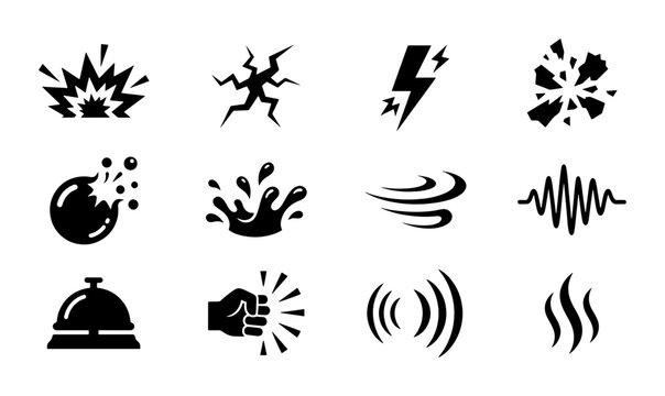 Explosion, Impact, and Energy Icons: Dynamic Action Symbols for Graphic Design and Visual Communication, Set of 12 Black and White Vector Elements