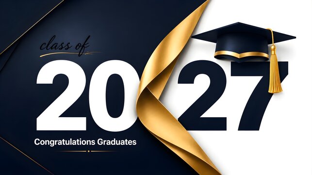 Class of 2027 graduation banner with gold ribbon and mortarboard on dark blue luxury background