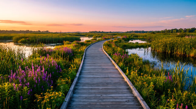 Wooden boardwalk winding through wetland meadows with purple wildflowers at sunset