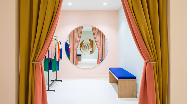 Modern retail interior with pink walls circular mirror and colorful clothing display