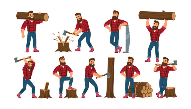 Lumberjack cartoon character vector set with bearded woodcutter chopping wood carrying logs and using axe