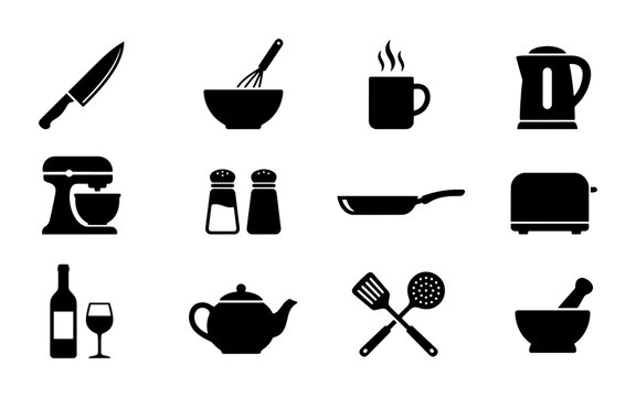 Kitchen Utensils and Appliances Vector Icons Set, Cooking Tools and Gadgets Collection, Culinary Equipment Graphics for Food Preparation