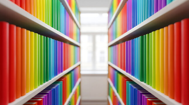 Rainbow colored books neatly arranged on shelves forming a symmetrical aisle in a modern library interior