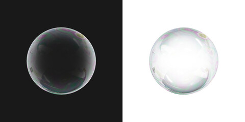 Fototapeta na wymiar 3D Soap bubble on black and transparent background. Water foam bubble with rainbow colors. Realistic iridescent ball. Soap transparent balloon. 3D Rendering