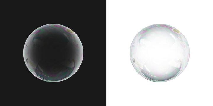 3D Soap bubble on black and transparent background. Water foam bubble with rainbow colors. Realistic iridescent ball. Soap transparent balloon. 3D Rendering
