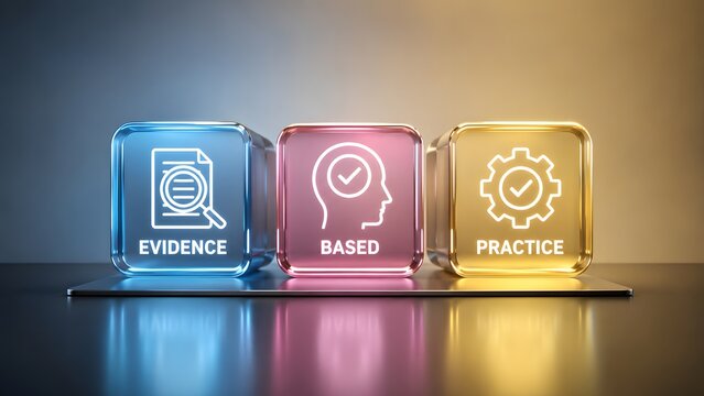 Evidence based practice methodology concept with glowing digital blocks displaying document brain and gear icons for scientific standard