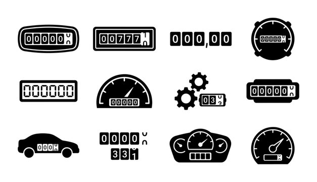 Digital Counter Icons, Speedometer Gauges, Odometer Displays, Mechanical Gears Set - Vector Graphics for Automotive and Technology