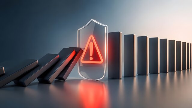 Business risk management and crisis prevention concept showing transparent shield stopping falling dominoes with glowing warning sign