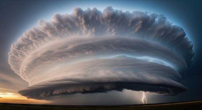 Broad multi-layered wall cloud over flat plain.
