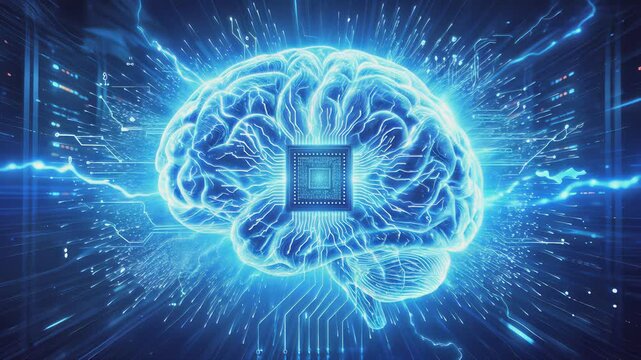 Glowing human brain with central computer chip in high-tech server room. Artificial intelligence concept for data processing and machine learning. Lockdown shot.