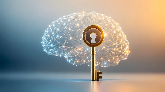 Unlocking artificial intelligence concept featuring glowing wireframe digital brain with golden key symbolizing cognitive psychology and smart technology