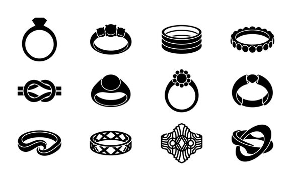 Elegant Ring Icons Set, 12 Vector Graphics for Jewelry Design, Engagement & Wedding Symbol Collection