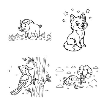 Cute animal coloring page set. Outline illustrations of wild forest creatures for kids.