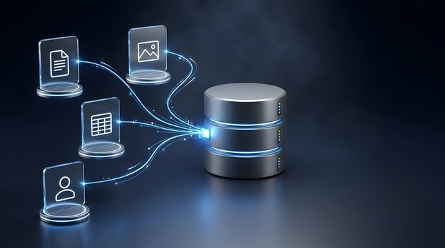 Relational database management system concept featuring central server cylinder connecting to digital asset nodes via glowing fiber optic links