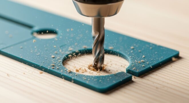 Slowmotion insert of drill bit penetrating cabinet surface through a template jig demonstrating accuracy and clean hole drilling for hardware substitution.