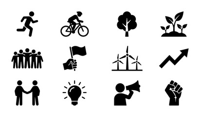Fototapeta premium Eco-Friendly Lifestyle Icons: Running, Cycling, Trees, Plants, Teamwork, Protest, Wind Turbines, Growth, Partnership, Ideas, Megaphone, Power Fist Vector Set