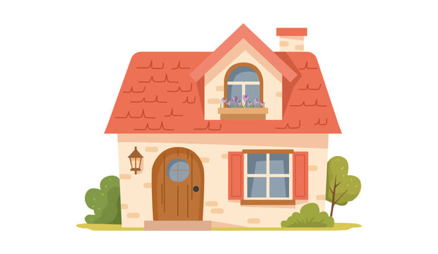 A cute little house with a pink roof. Flat vector illustration on a white background