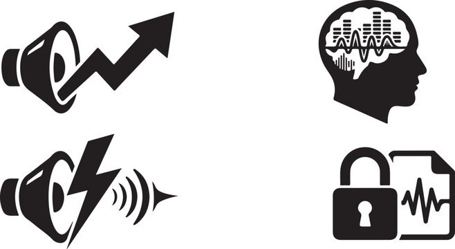 Set of black icons representing sound volume growth brain activity and audio security file data