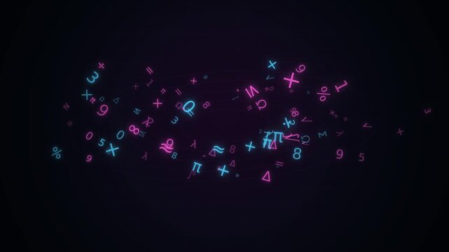 Glowing pink and blue mathematical numbers and symbols floating on a dark background for education and science concepts