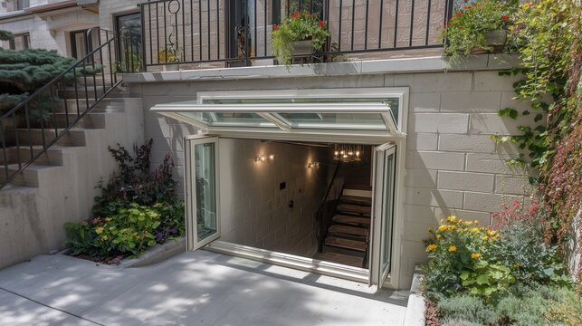 Open egress window well at a basement entrance with stair, masonry wall, metal railing, and garden, showing safe escape, daylight, and access below grade.