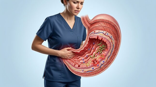 Doctor demonstrates the anatomical structure of a human stomach while expressing concern about potential digestive health issues and gastrointestinal discomfort in a patient.
