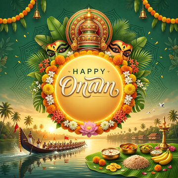Vibrant onam celebration featuring traditional boat race festive floral decorations with array festive food offerings under radiant sunset sky