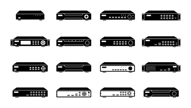 Collection of 16 Black Digital Video Recorders, DVRs, and NVRs, Security System Hardware Icons, Technology Equipment Vector Set