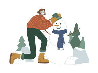 Fototapeta premium Joyful winter pastime A person happily creating a charming snowman adorning it with a hat and scarf amidst a serene snow-dusted woodland scene embodying the spirit of festive outdoor fun and seasonal 