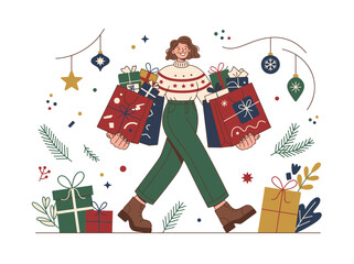 Naklejka premium Festive Woman Happily Carries Numerous Colorful Gift Boxes During Christmas Shopping Season Conveying Joyful Merriment and the Spirit of Giving.