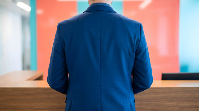 Man in blue suit standing with back facing camera at office reception desk