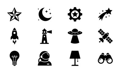 Space and Science Icons Set: Rocket, Astronaut, UFO, Star, Moon, Satellite, Lightbulb, Binoculars, Lighthouse, Gear, Shooting Star, Lamp © Robul