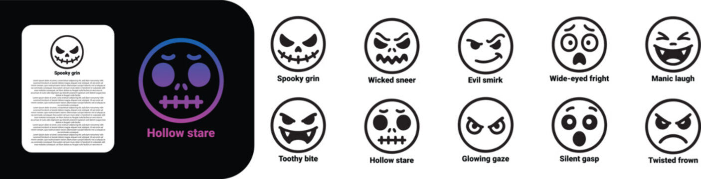 premium ultra bold line icon set for Halloween expression like Spooky grin Wicked sneer Evil smirk Wide-eyed fright Manic laugh Toothy bite Hollow stare Glowing gaze Silent gasp Twisted frown