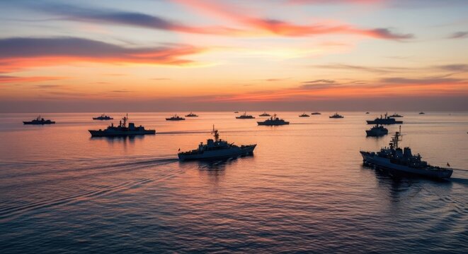 A vast naval fleet sails across the tranquil ocean at sunset, showcasing maritime power and freedom.