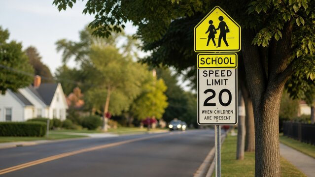 School zone traffic sign indicating a speed limit of 20 mph when children are present, positioned along a quiet suburban street lined with trees and houses