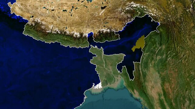 Animated Nagaland State Map with Satellite Terrain, Geographic Border Highlight, India Political Region, Smooth Zoom Transition, Cartographic Visualization, Detailed Location Outline, Seamless Motion 