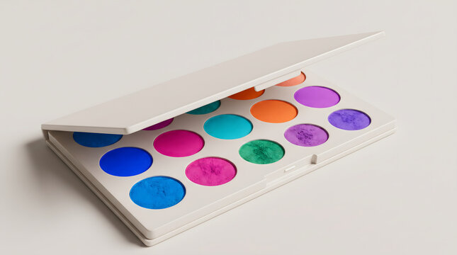 White eyeshadow palette opened to display twelve vibrant cosmetic colors