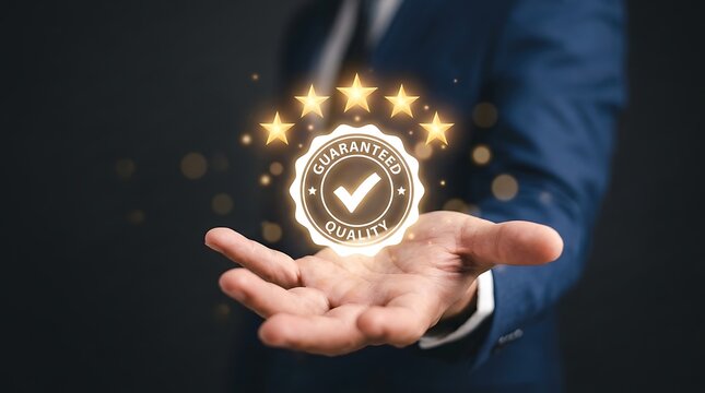 Businessman holding glowing five-star quality assurance certification badge with checkmark in dark office setting