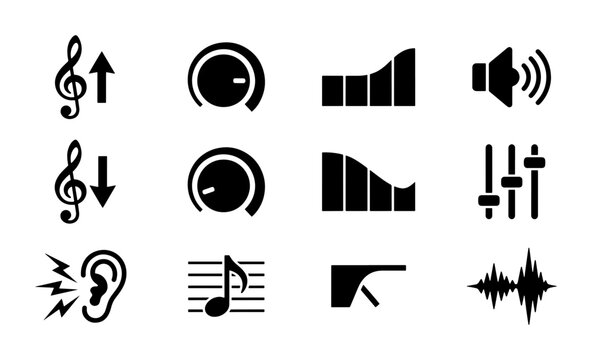 Audio Control Icons Set, Sound Volume Knobs, Equalizer Bars, Music Notes, Speaker Symbol, Waveform, Ear Symbol, Vector Graphics for Music Production and Sound Engineering