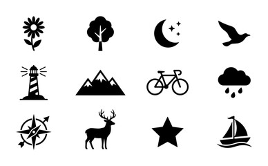 Obraz premium Nature and Outdoor Icons Set: Flower, Tree, Moon, Bird, Lighthouse, Mountains, Bicycle, Cloud, Compass, Deer, Star, Sailboat Vector Graphics