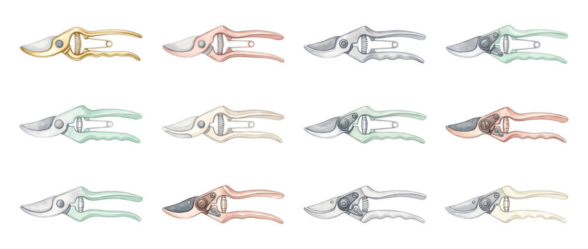 Watercolor garden shears pruning secateurs collection, hand painted floral tools set in pastel colors for horticulture and gardening design projects, isolated hand clippers on clean white background