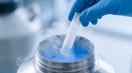Fototapeta premium Hand wearing blue glove retrieving a test tube from a liquid nitrogen dewar container with visible cold vapor