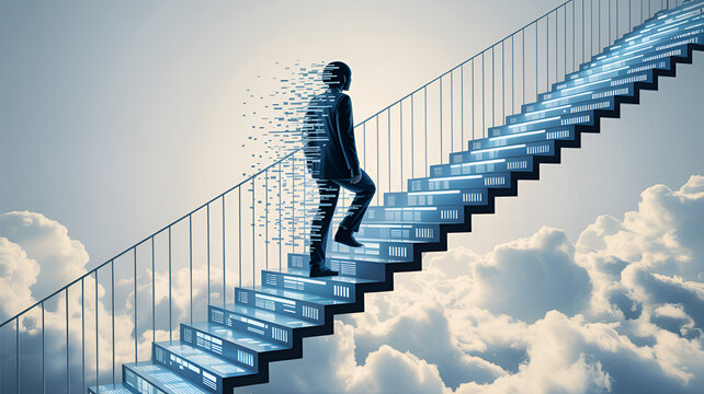 Digital man ascending glowing steps through clouds with data fragmentation effect